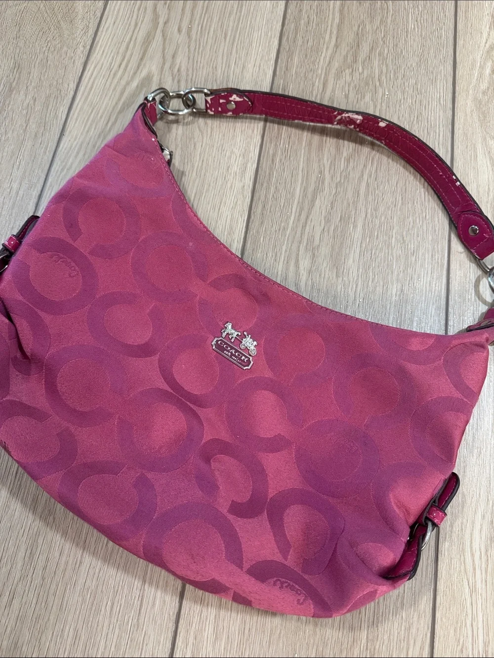 COACH Y2K Distressed Madison Signature Optic Pink Satin Shoulder Hand Bag